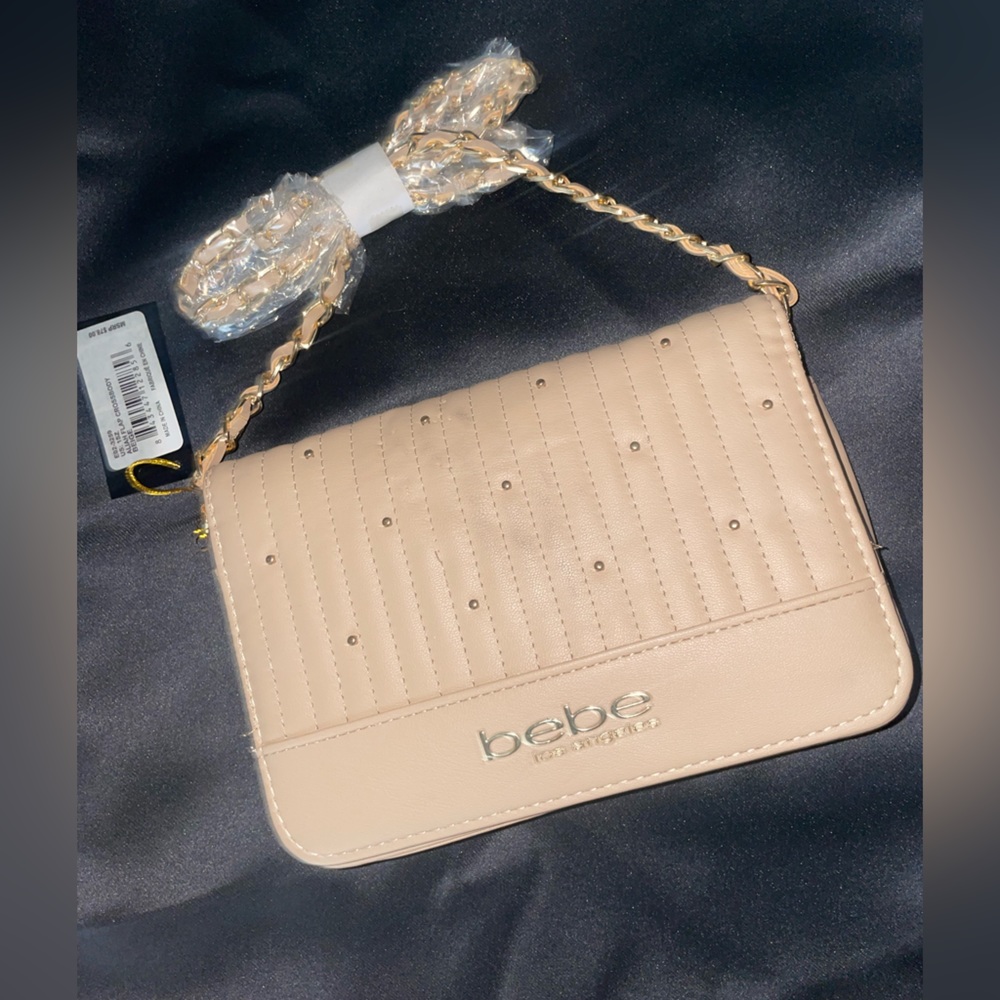 NEW! BEBE ALIAH BEIGE BROWN QUILTED FLAP CROSSBODY SLING BAG PURSE $78